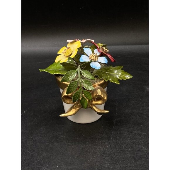 Ted Arnold Other - Ted Arnold Brass & Enamel Flower Bouquet Blue Pink Yellow White Porcelain Vase